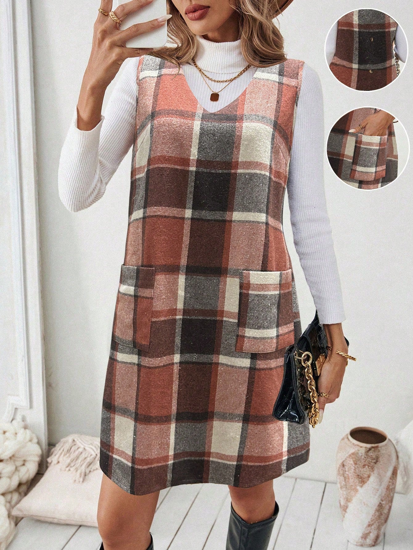 Chic & Cozy: Casual Plaid Sleeveless Button-Detailed Dress for Autumn/ – Canary Houze