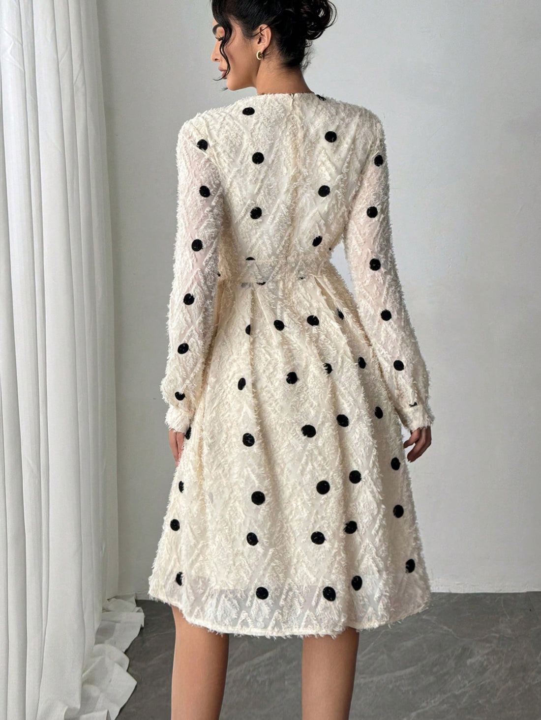 Indulge in this Chic Apricot V-Neck Embroidered Polka Dot Dress for Elegant Women. Strut your stuff in this stunning dress that exudes elegance with its V-neck, embroidered polka dots, and chic apricot color. Perfect for special occasions or when you want to add a touch of sophistication to your wardrobe.