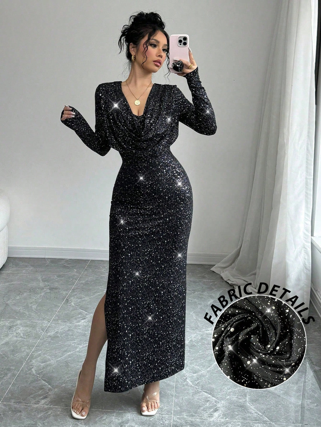 Shine bright all night in our Radiant Night Out: Elenzya High-Slit Metallic Bodycon Dress. With a high-slit design and metallic fabric, this dress will make sure all eyes are on you. Perfect for a fun and playful night out!