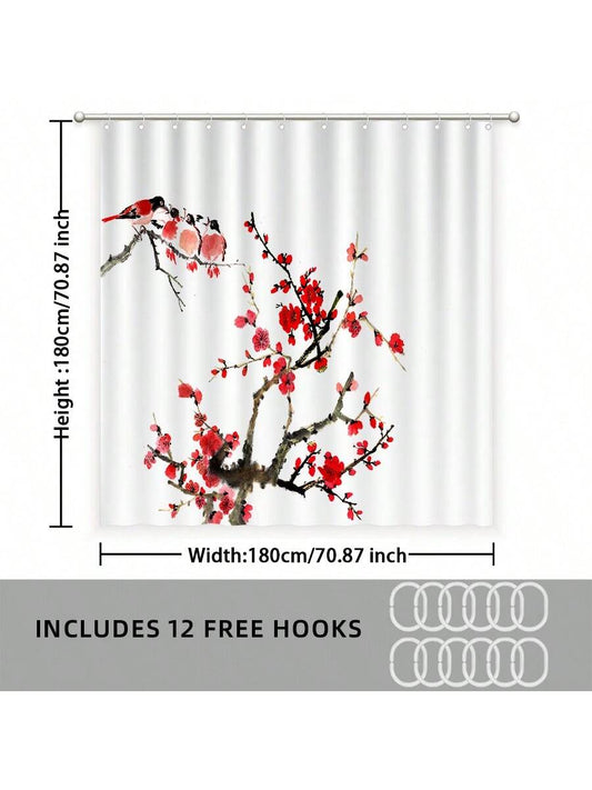 Elegant Plum Blossom Waterproof Shower Curtain Set - Modern Minimalist Design with Hooks