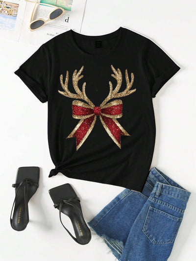 Festive Charm: Women's Red Plaid Bowknot Deer Horn Short-Sleeve T-Shirt