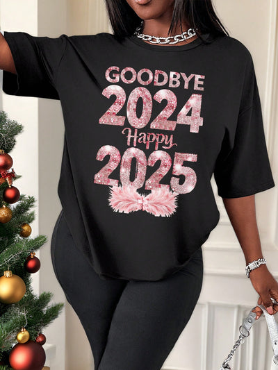 Plus Size New Year Letter Graphic T-Shirt: Comfortable & Versatile Autumn/Winter Top