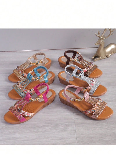 Sparkling Comfort: Women's Bohemian Rhinestone Wedge Sandals with Woven Elastic Band