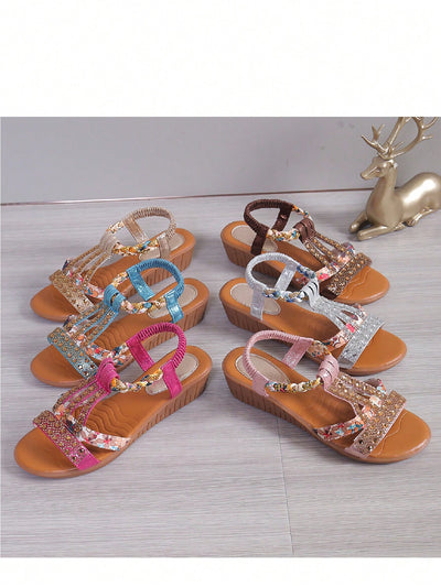 Sparkling Comfort: Women's Bohemian Rhinestone Wedge Sandals with Woven Elastic Band