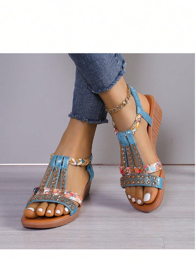 Sparkling Comfort: Women's Bohemian Rhinestone Wedge Sandals with Woven Elastic Band