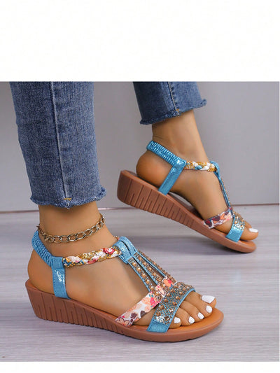 Sparkling Comfort: Women's Bohemian Rhinestone Wedge Sandals with Woven Elastic Band