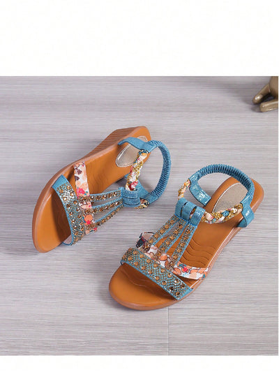 Sparkling Comfort: Women's Bohemian Rhinestone Wedge Sandals with Woven Elastic Band