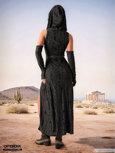 Apocalyptic Glam: Gray Knitted High-Slit Dress with Drawstring Hood for Ultimate Fall-Winter Vibes