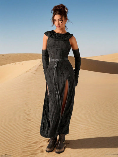 Apocalyptic Glam: Gray Knitted High-Slit Dress with Drawstring Hood for Ultimate Fall-Winter Vibes