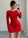 Chic Red Mesh Floral Trumpet Dress – Plus Size Elegant Holiday Outfit for Spring & Summer Celebrations