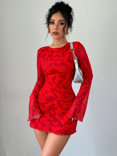 Chic Red Mesh Floral Trumpet Dress – Plus Size Elegant Holiday Outfit for Spring & Summer Celebrations