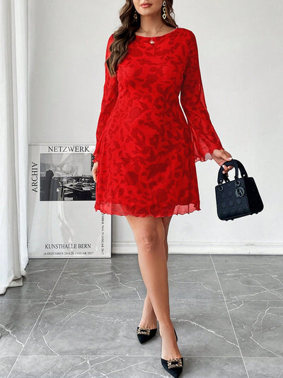 Chic Red Mesh Floral Trumpet Dress – Plus Size Elegant Holiday Outfit for Spring & Summer Celebrations