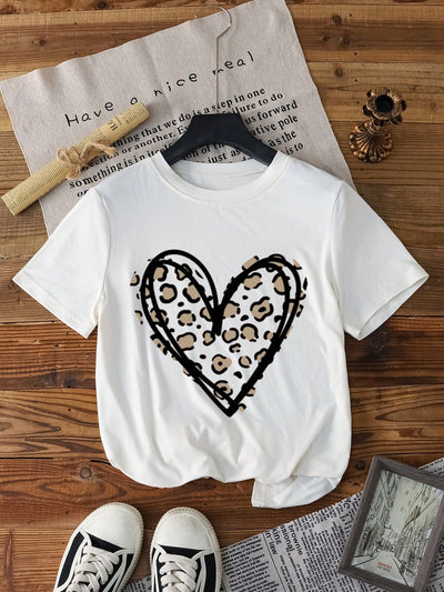 Heartfelt Style: Women's Valentine's Day Heart & Leopard Print Tee