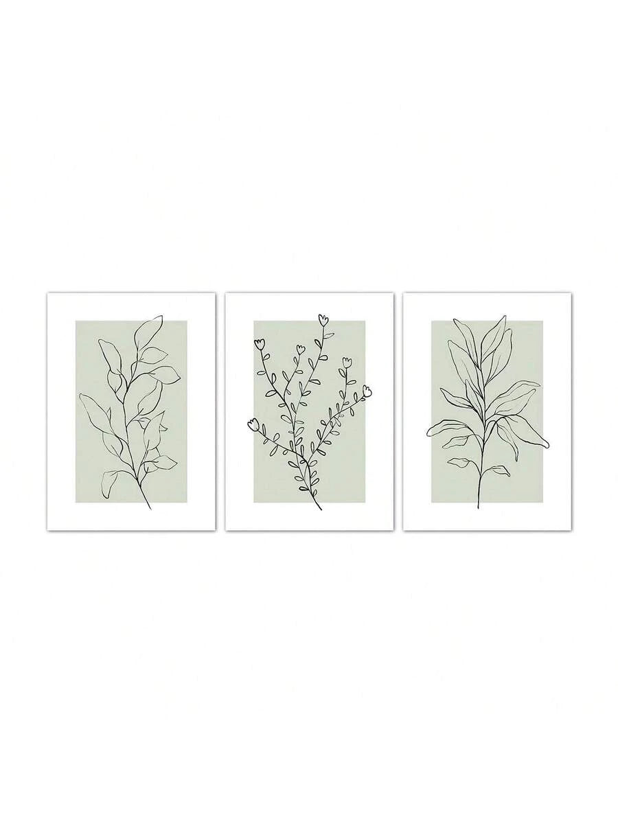 Set of three sage green botanical line art canvas prints