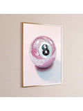 Angled wall mockup of pink Lucky 8 billiard ball poster in a slim gold frame