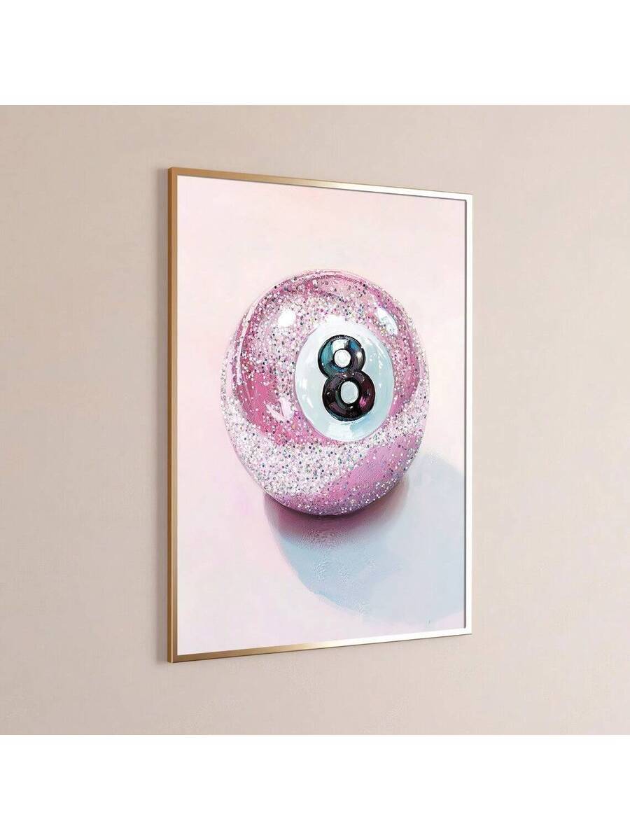 Angled wall mockup of pink Lucky 8 billiard ball poster in a slim gold frame