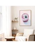 Pink 8-ball pop-art canvas displayed in a bright cream reading room