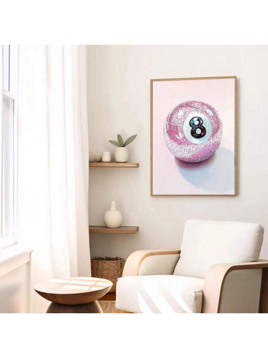 Pink 8-ball pop-art canvas displayed in a bright cream reading room