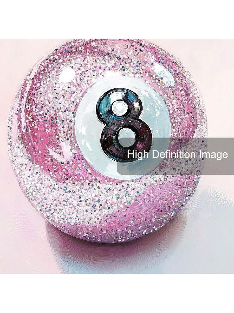 Close-up of pink glitter-style 8-ball artwork showing multicolor speckles and brush texture