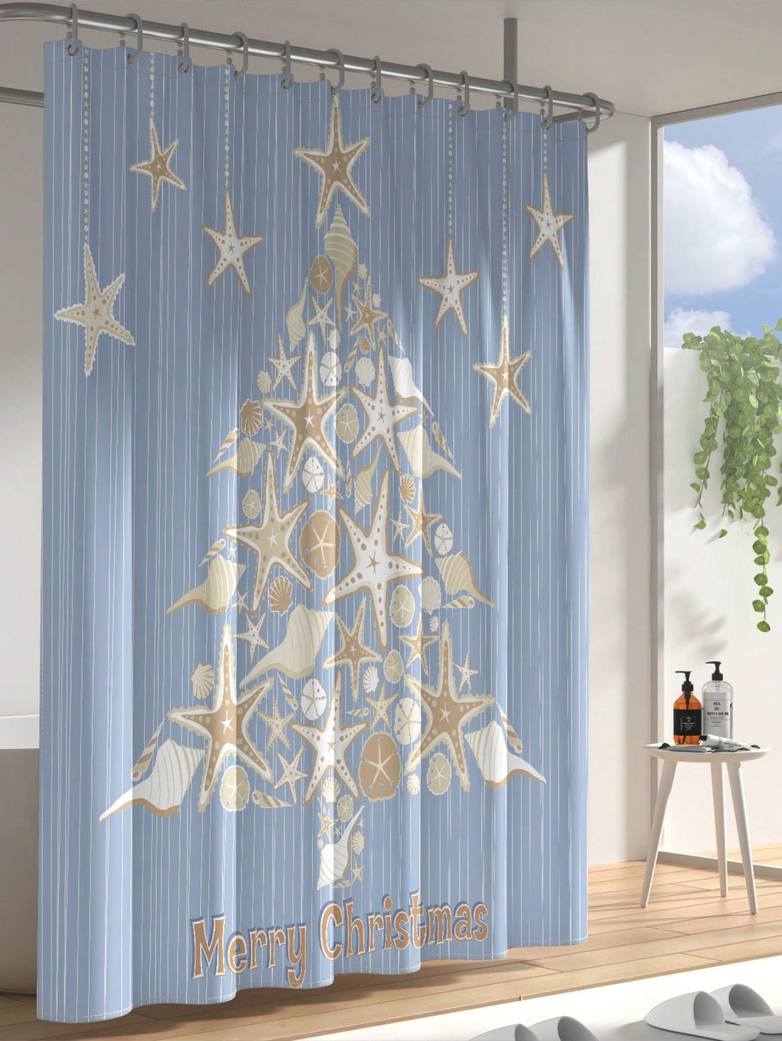 Elevate your holiday decor with this Festive Ocean-themed Christmas Shower Curtain! Adorned with starfish shells and a whimsical Christmas tree design, this waterproof curtain will bring a touch of seaside charm to your bathroom. Shower time has never been so festive!