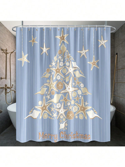 Festive Ocean-themed Christmas Shower Curtain – Waterproof Holiday Decor with Starfish Shells and Christmas Tree Design