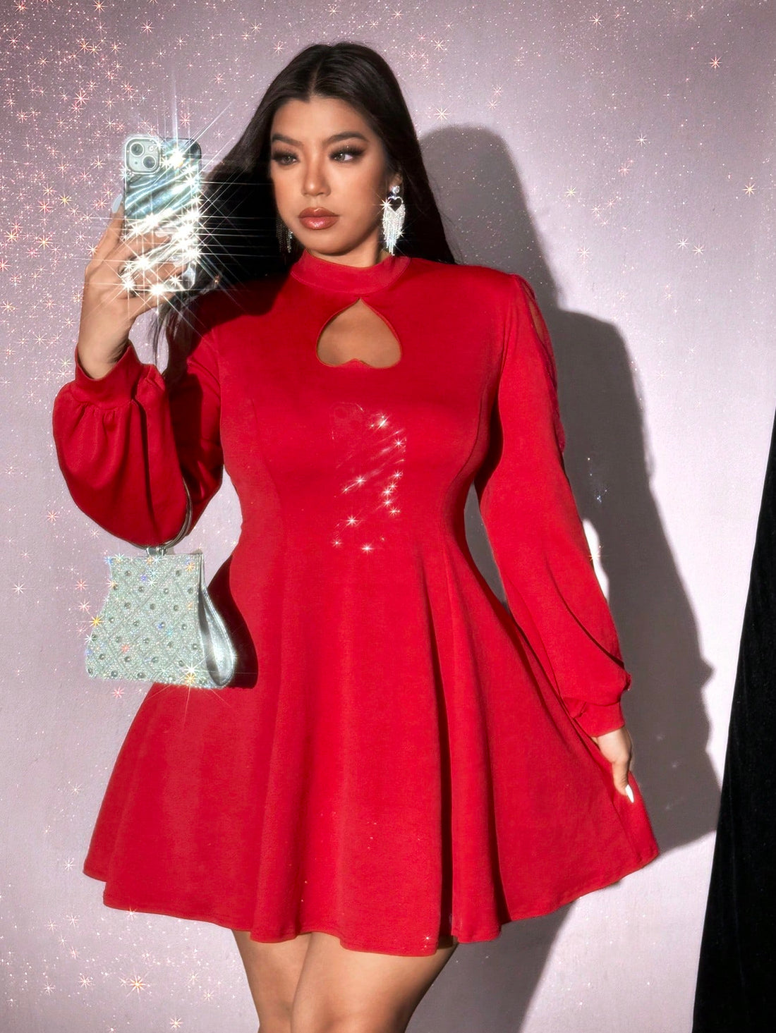 Fall in love with our Chic Plus Size Heart Cutout Mesh Lantern Sleeve Dress! The unique mesh design and playful heart cutouts add a flirty touch to the classic lantern sleeves. Perfect for any occasion, this dress will make you stand out with a fun and flirty look.