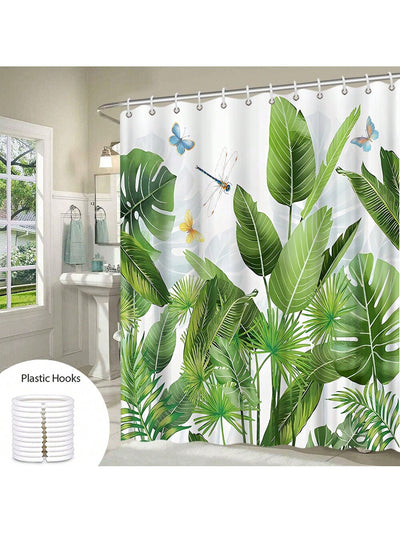 Tropical Oasis: Turtle & Leaf Print Shower Curtain with Dragonfly & Butterfly Accents