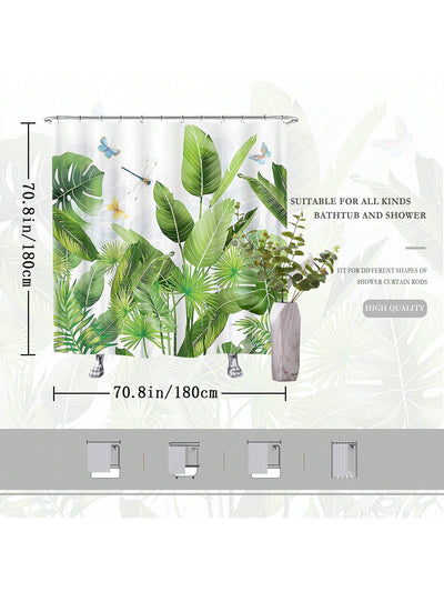 Tropical Oasis: Turtle & Leaf Print Shower Curtain with Dragonfly & Butterfly Accents