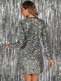 Back view of burgundy sequin mini dress with keyhole closure