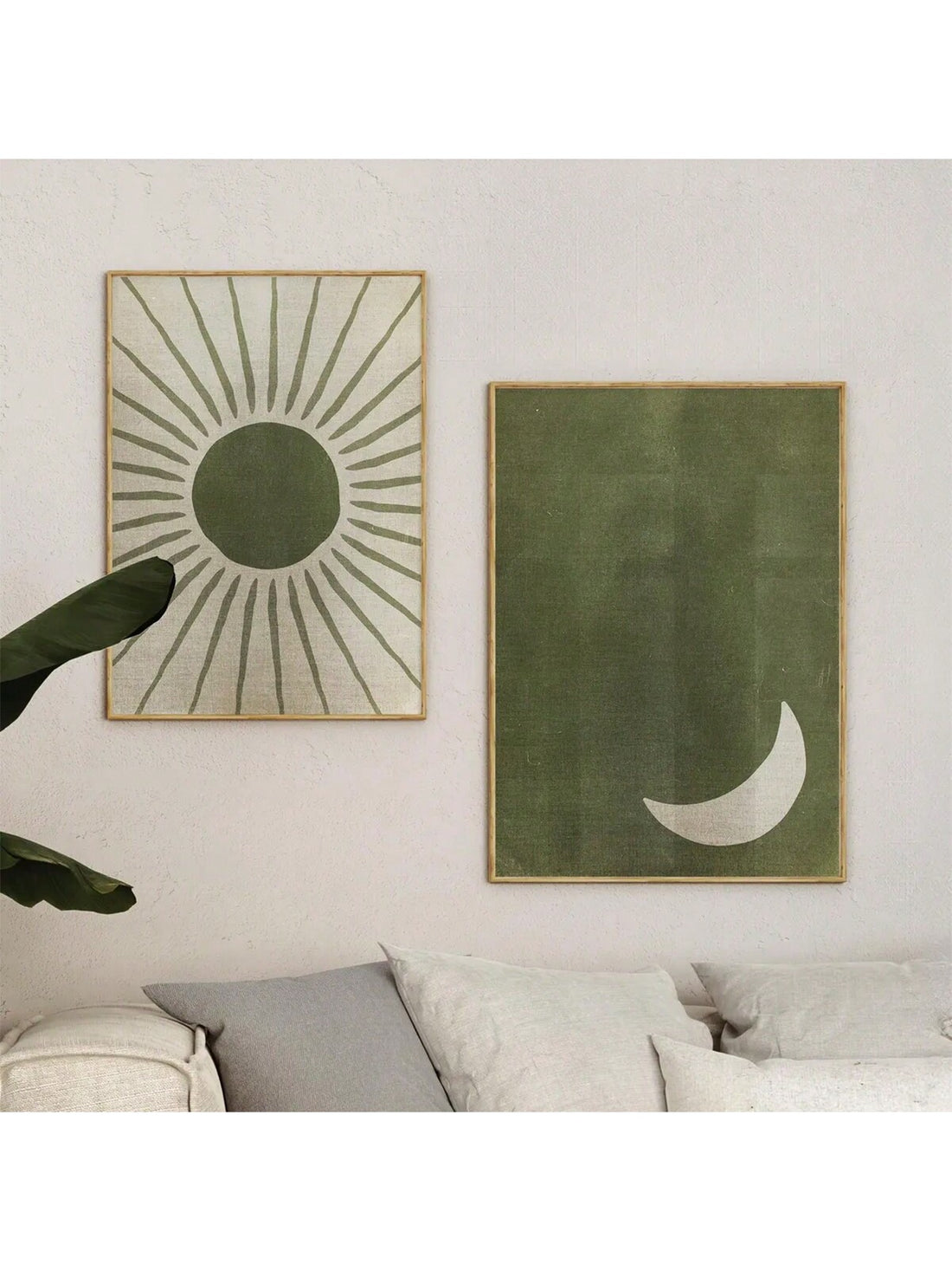 Bring a touch of whimsy to your space with this Boho Minimalist Sun and Moon Wall Art Set. Featuring sage green abstract prints, these charming pieces celebrate day and night in a playful, stylish way. Perfect for adding a subtle pop of color and a hint of celestial magic to any room.