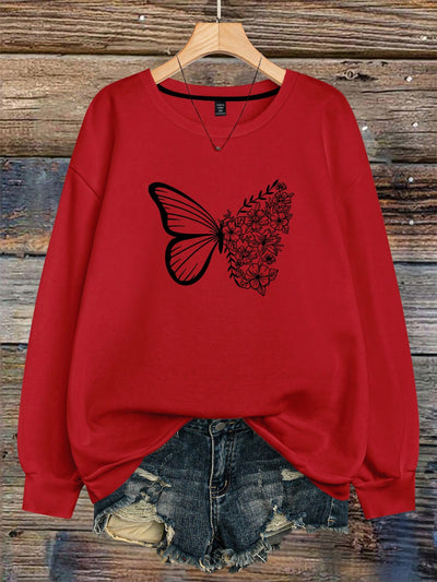 Chic Butterfly Print Plus Size Crew Neck Sweatshirt for Cozy Fall