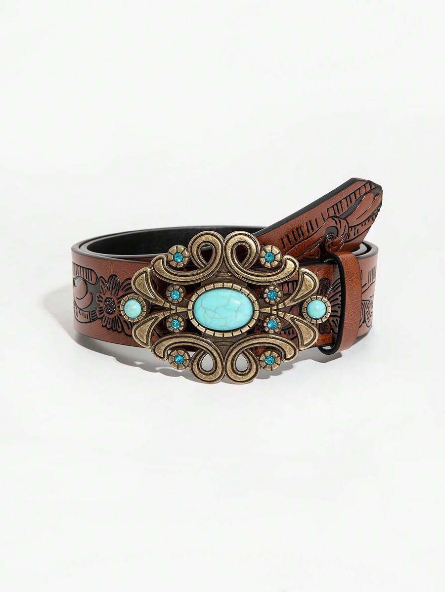 Chic Western Embossed PU Leather Belt with Cross Buckle - Y2K Cowgirl Style for Women - women western embossed PU leather belt with cross buckle visible in all media images, product image 1
