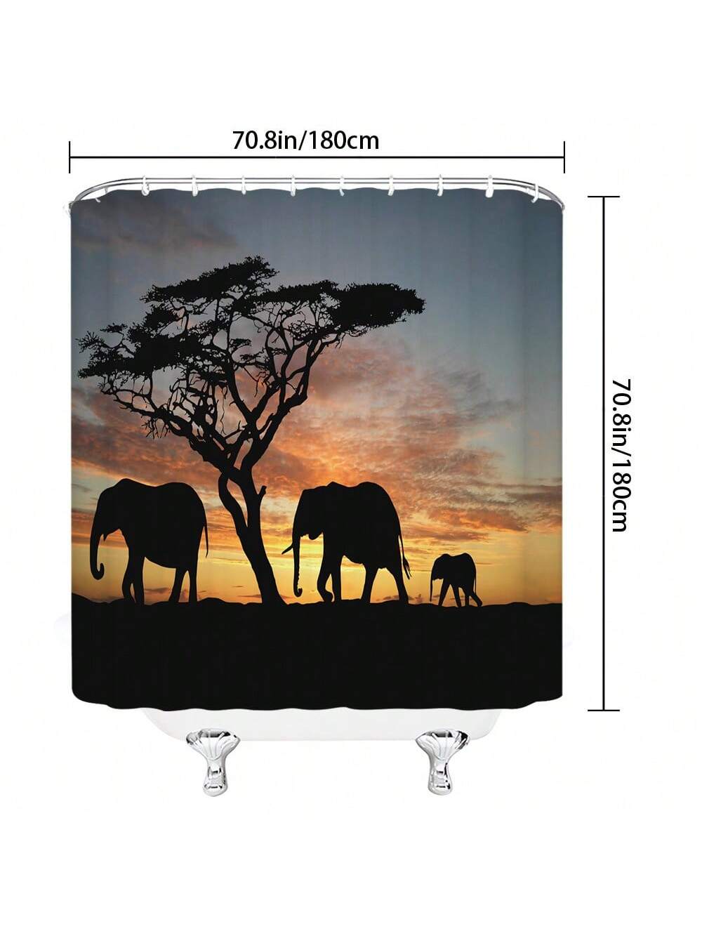 Add a touch of whimsy to your bathroom with the Serene Safari: Elephant Sunset Shower Curtain. This nature-inspired curtain features a peaceful elephant silhouette against a beautiful sunset backdrop, creating a serene atmosphere. Perfect for any nature-lover looking to add some charm to their bathroom.
