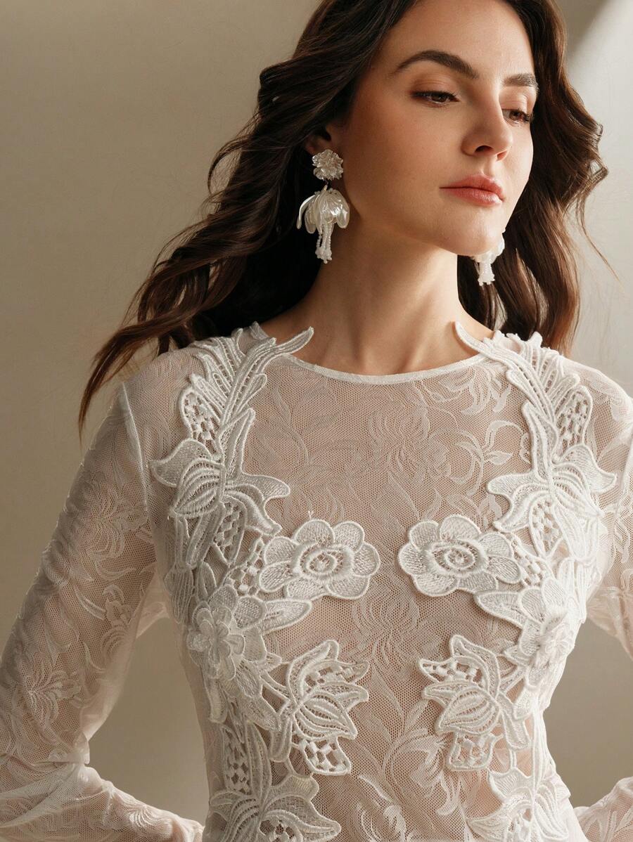 Elegant Women's Lace Panel Long Sleeve Mermaid Tail Mesh Dress for Sophisticated Style - long sleeve lace panel mermaid tail mesh dress visible in product media, product image 1