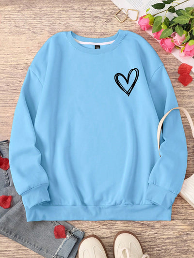 Leopard Heart Print Plus Size Sweatshirt for Women - Cozy Round Neck Long Sleeve Top