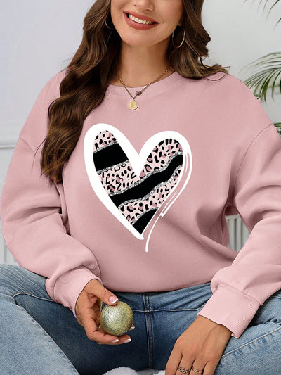 Leopard Heart Print Plus Size Sweatshirt for Women - Cozy Round Neck Long Sleeve Top