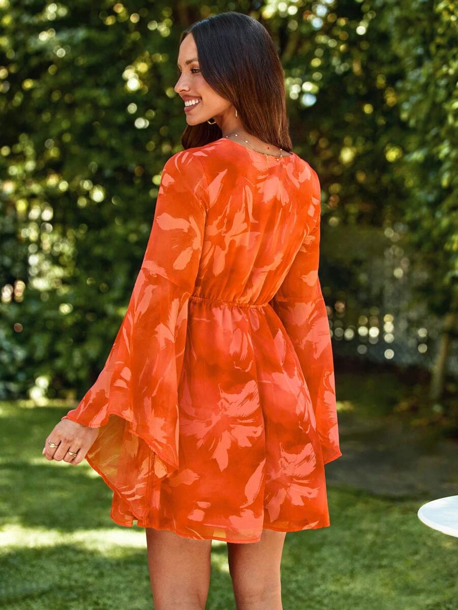 Orange floral bell sleeve mini dress with self tie keyhole