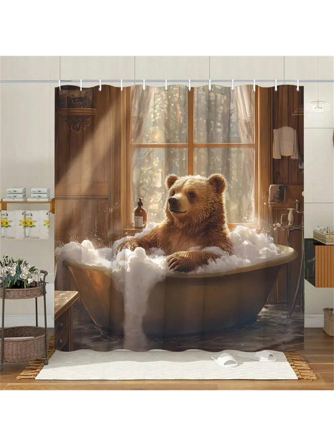 Add a touch of wilderness and whimsy to your bathroom with this Funny Bear Shower Curtain. Featuring a charming rustic bear design, it brings playful character and cozy cabin vibes to your modern space. Made to brighten your daily routine, this curtain combines fun and function for a bath experience that’s anything but ordinary.