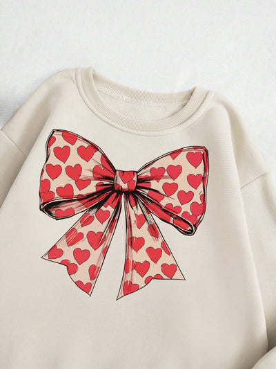 Cozy Retro Love: Plus Size Bow Print Thermal Sweatshirt for Women