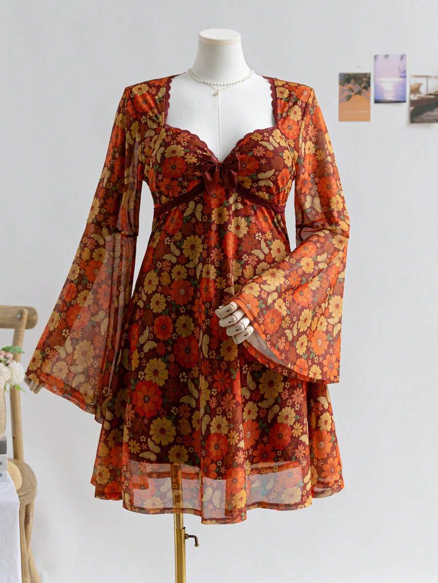 Step into the season with this playful plus size mini dress, featuring a charming floral print that blooms with autumn vibes. Delicate lace trim and a sweet bowknot add flirty details, making it your go-to for cozy holiday gatherings. Perfectly designed to keep you stylish and comfortable as the temperatures drop!