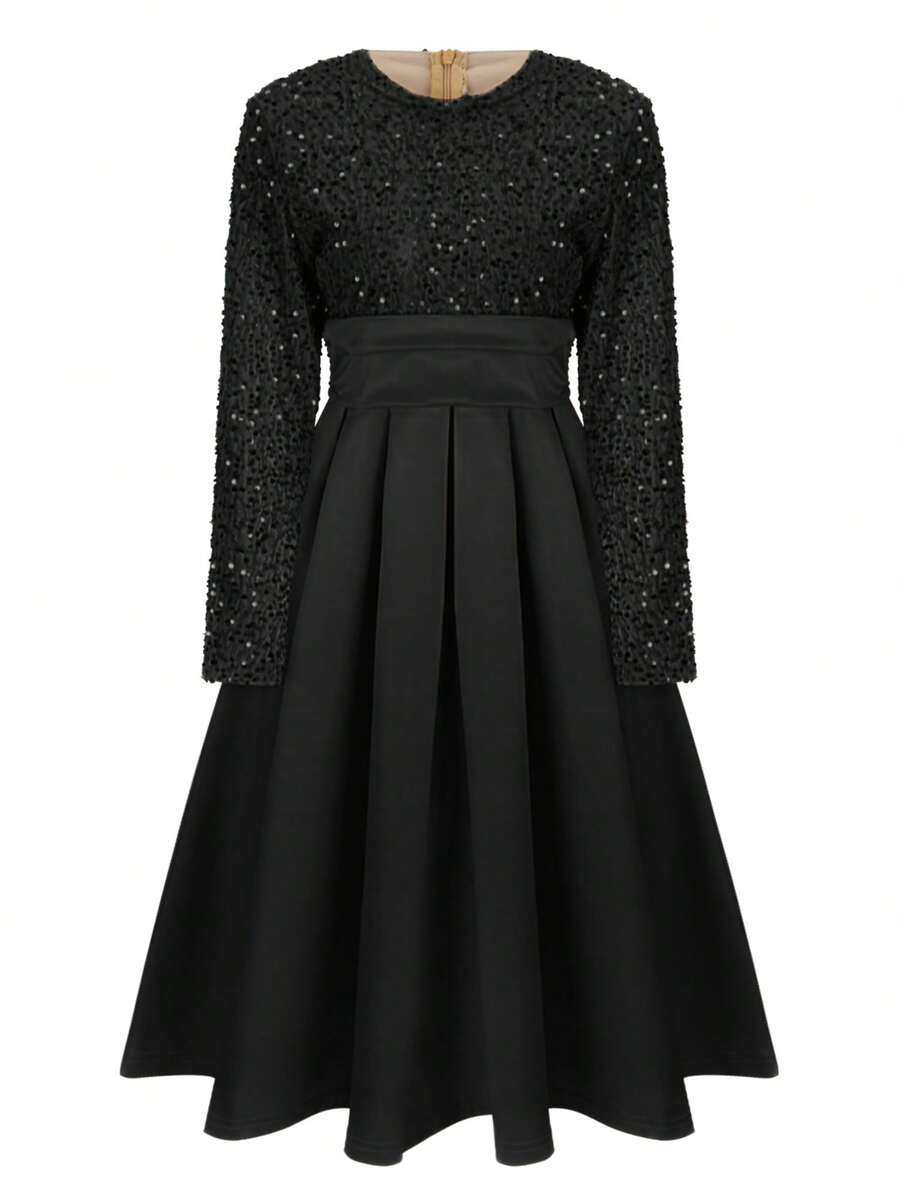 Step into the spotlight with this Elegant Satin Midi Dress, designed to turn heads at any holiday party. Featuring a chic velvet sequin contrast and flattering A-line silhouette, this dress combines comfort with sparkly sophistication. The long sleeves add a graceful touch, making it perfect for festive evenings filled with fun and flair. Embrace the season’s magic and dance the night away in style!