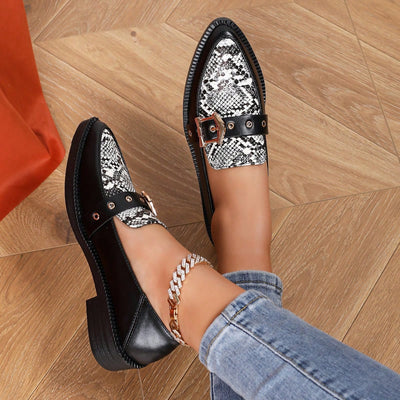 Chic & Comfortable Snake Print Chunky Heel Loafers with Metal Buckle for Effortless Style