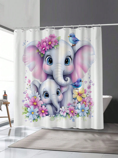 Colorful Floral Elephant Waterproof Shower Curtain - Stylish & Mildew-Resistant Bathroom Accessory with Hooks