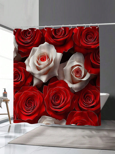 Elegant Floral Rose Digital Print Waterproof Shower Curtain with Hooks - Ideal Bathroom Accessory