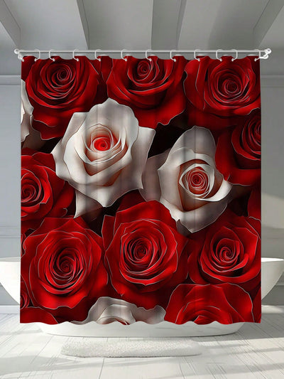 Elegant Floral Rose Digital Print Waterproof Shower Curtain with Hooks - Ideal Bathroom Accessory