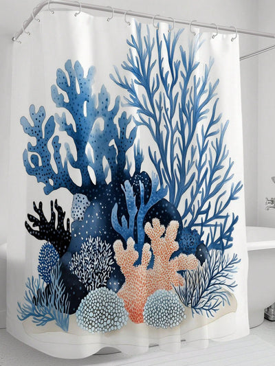 1 Pc Coral Marine Life Digital Print Multifunctional Mold Resistant Waterproof Shower Curtain, With 12 Plastic Hooks And Metal Eyelets, Durable And Sturdy Bathroom Accessory