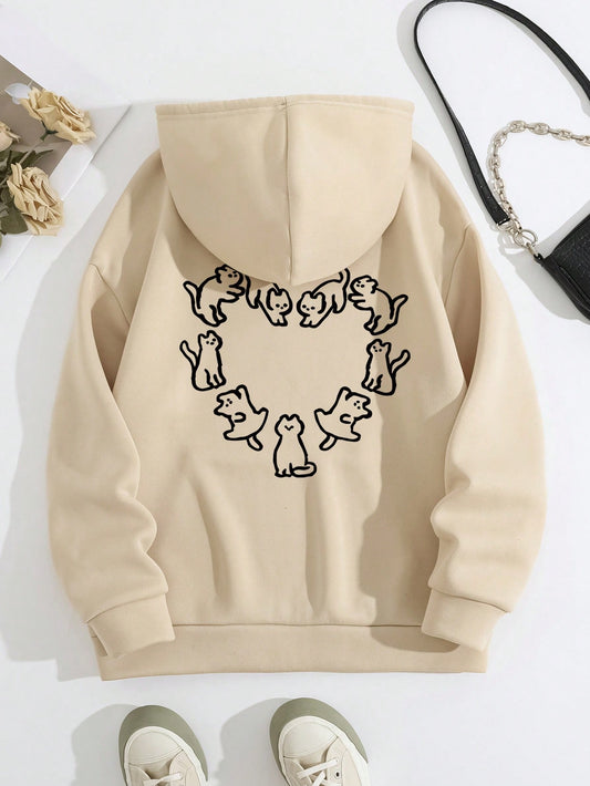 Cozy Cat Love: Heart Print Casual Hoodie for Autumn & Winter