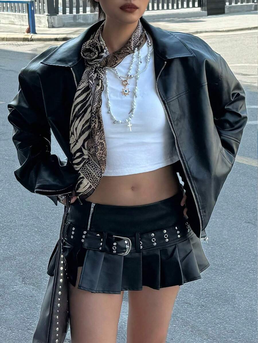 Front view of black zip-front faux leather bomber jacket with pointed collar
