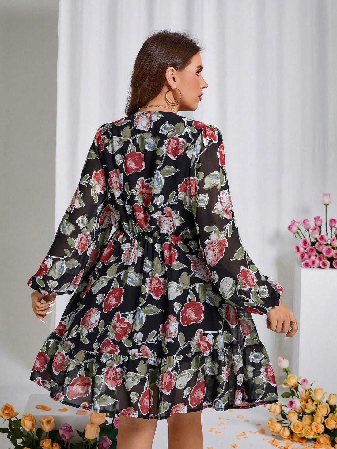 Get ready to charm your way into Spring and Valentine's Day with this beautiful plus size floral lace V-neck dress! With its ruffled hem and delicate lace details, you'll feel feminine and flirty wherever you go. Perfect for embracing your inner romantic and making a statement.