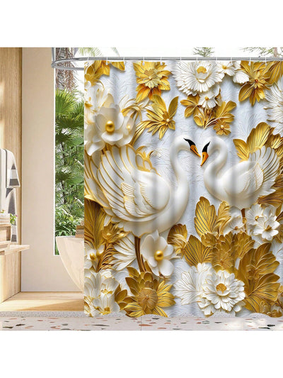 Elegant 3D Embossed Swan Shower Curtain Hooks – Waterproof Bathroom Decor